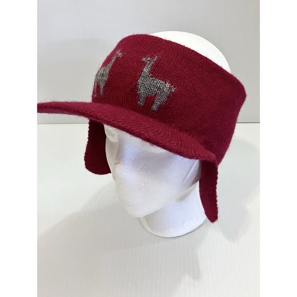 Alpaca Knit Visor Hat Burgundy W/ Ear Warmer Flaps - Winter Cap Made In Peru - Picture 1 of 4